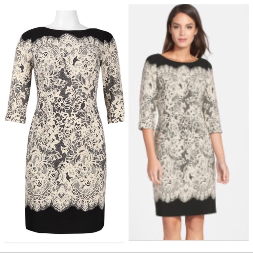 Adrianna Papell l Black Ivory Lace Print Dress